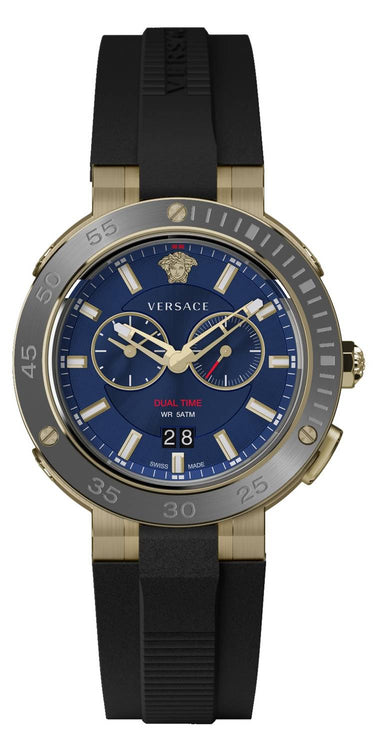 Versace V-Extreme Pro Herrenuhr Dual Time Schwarzes Armband Grauer Stahl 46mm VECN00119